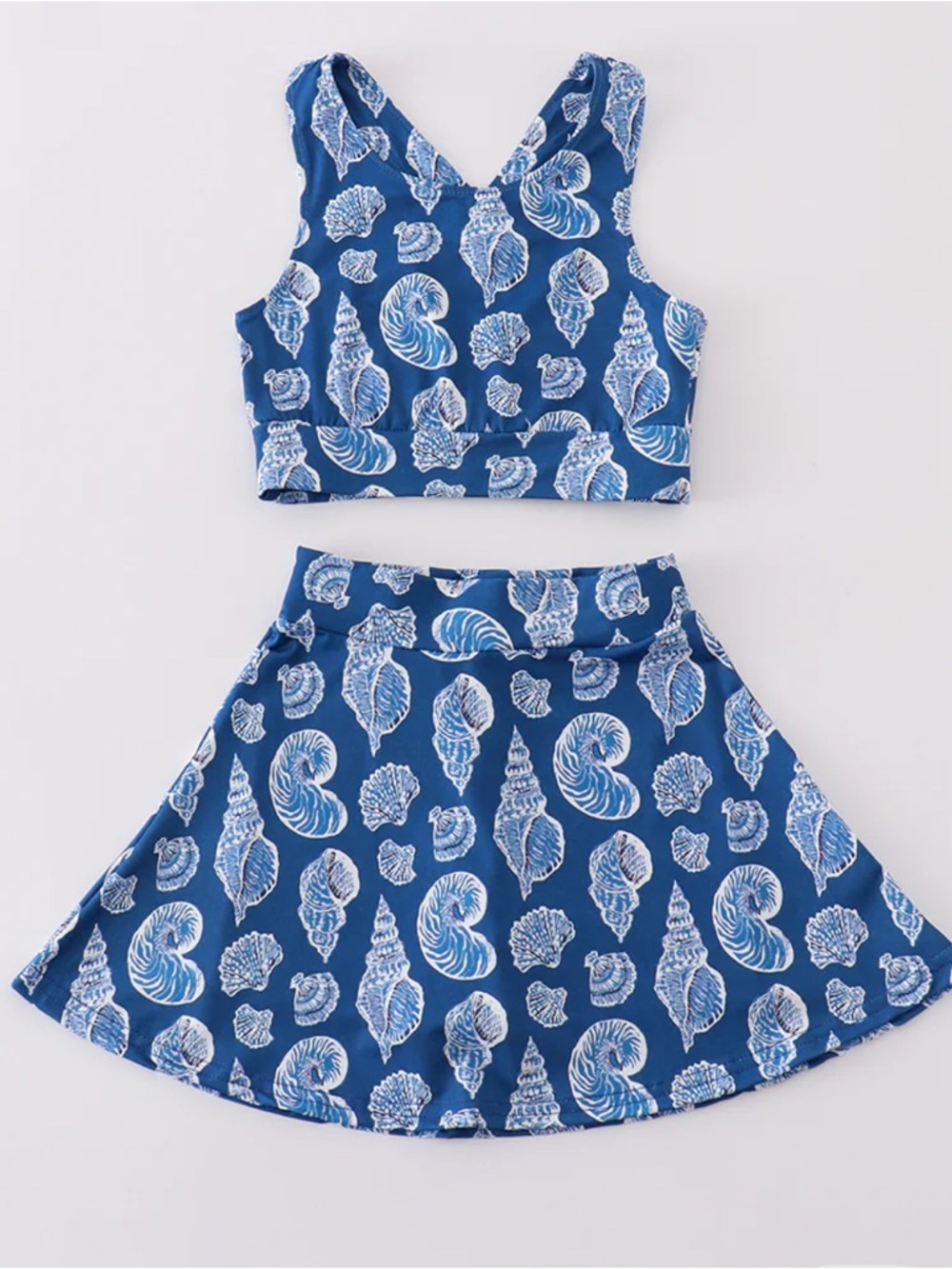 Girls Navy Blue Seashell Print Skirt Set